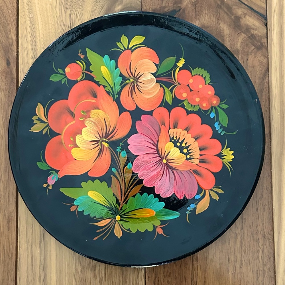 Vintage Ukrainian FOLK ART Hand-Painted Wooden Floral Lacquer Plate USSR